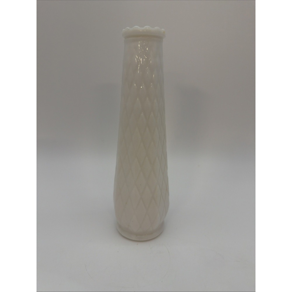 Vintage EO Brody White Milk Glass Diamond Point Bud Vase 9 Inches Tall M-147